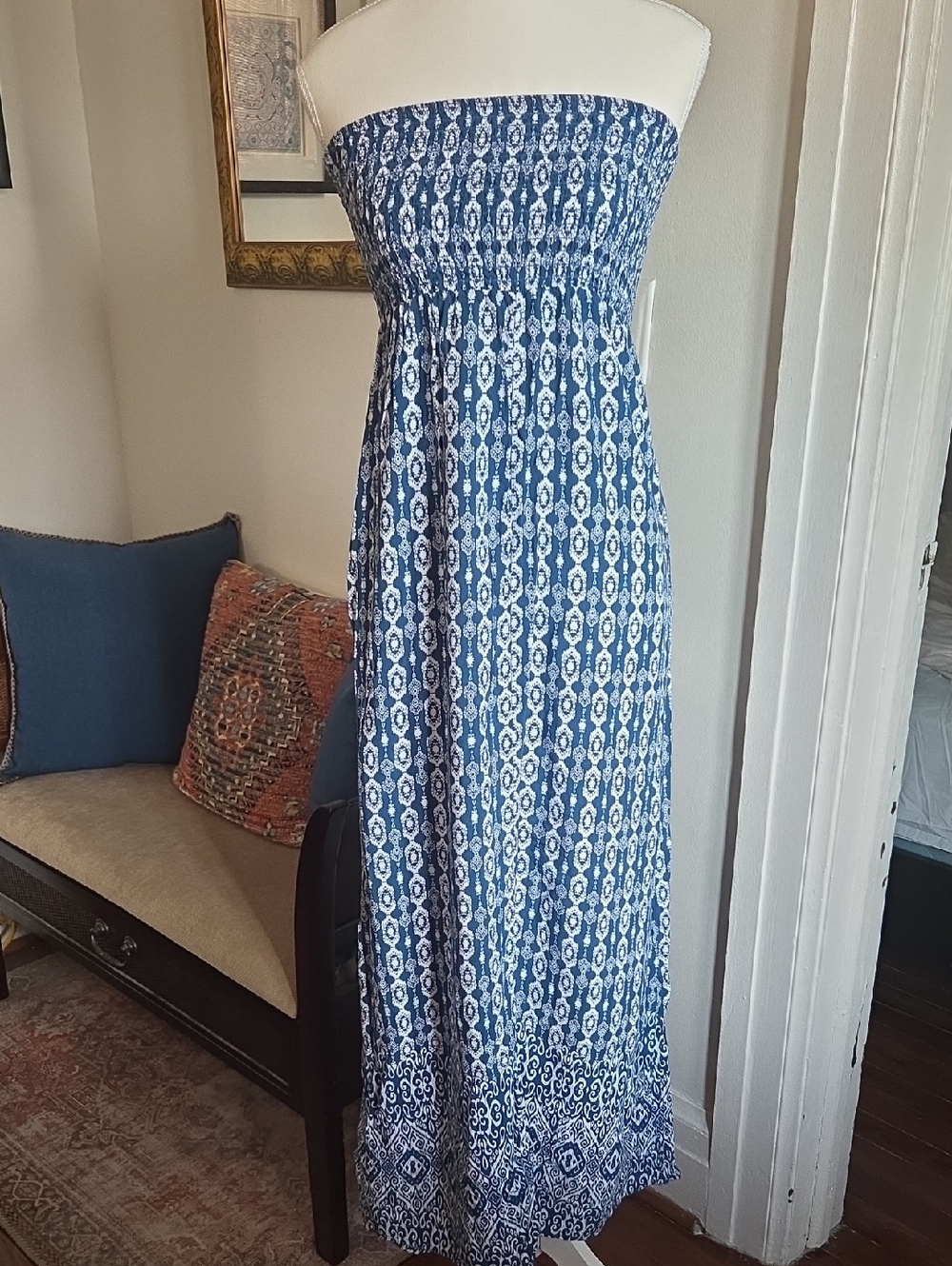 Strapless Smocked Blue Patterned Maxi Dress